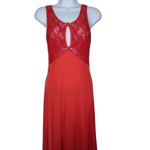 Vintage Full Length Nylon Nightgown Womens S Floral Red Lace Bodice Slit Leg USA